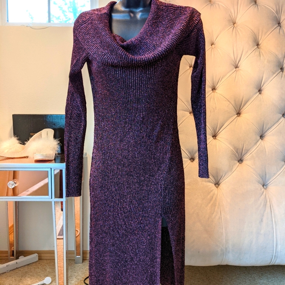 BCBG MaxAzria lurex dress with a side slit.